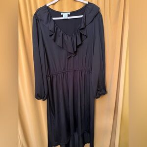 Heather B Black Ruffle-Trim Long Sleeve Midi Dress